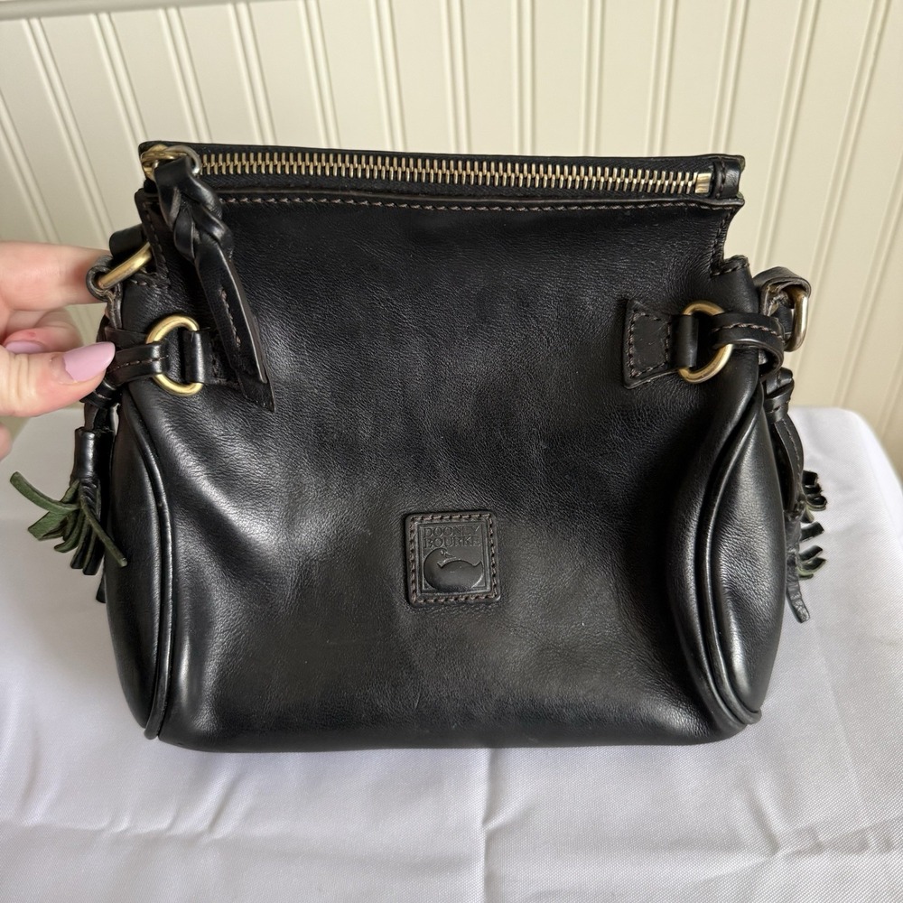 Dooney & Bourke Mini Black Florentine Leather Zip Crossbody Purse Bag Tassels
